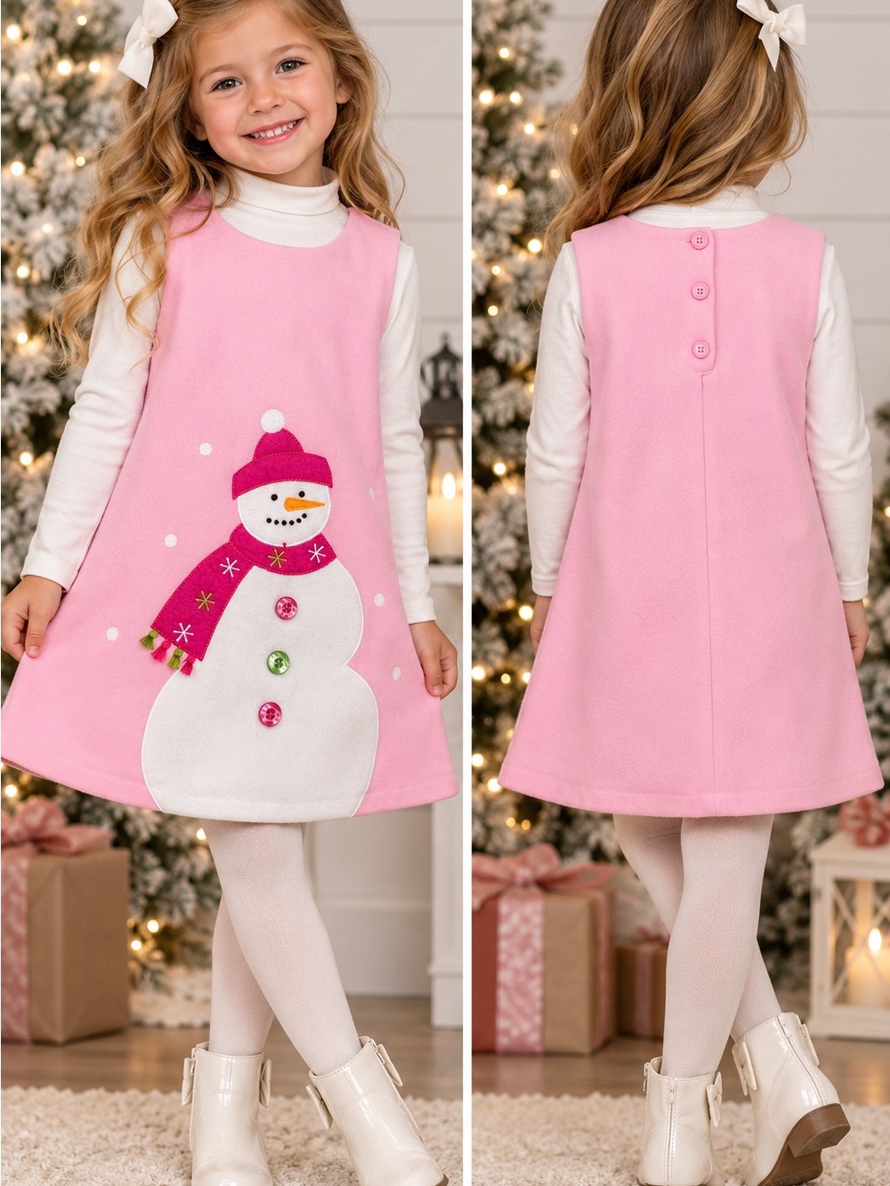 Bonnie Jean Girls Size 5 Pink Snowman Christmas Holiday Jumper Dress